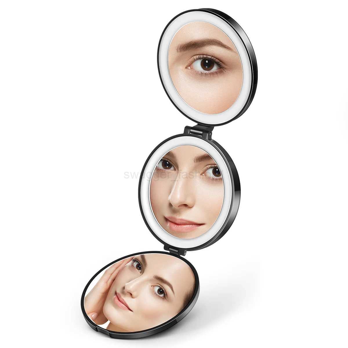 LED Mirror Travel Make up Mini Mirrors Black Magnifying Round Tri-foldXJ240813