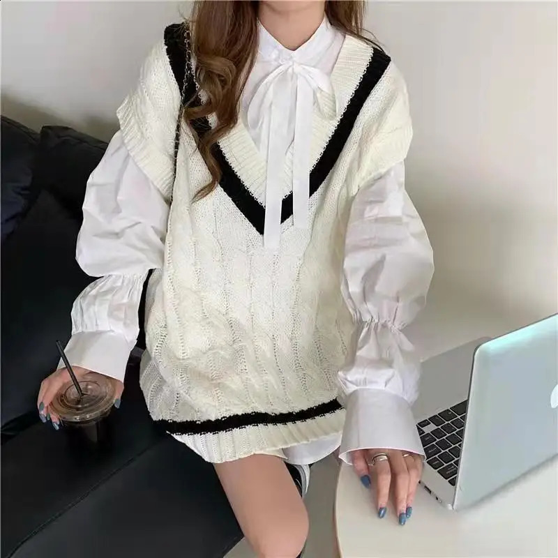 White Japanese Harajuku Kawaii Sweater Women Fairycore Preppy Style Long Sleeve Sweaters Korean Fashion Two Piece Set Clothes 240812
