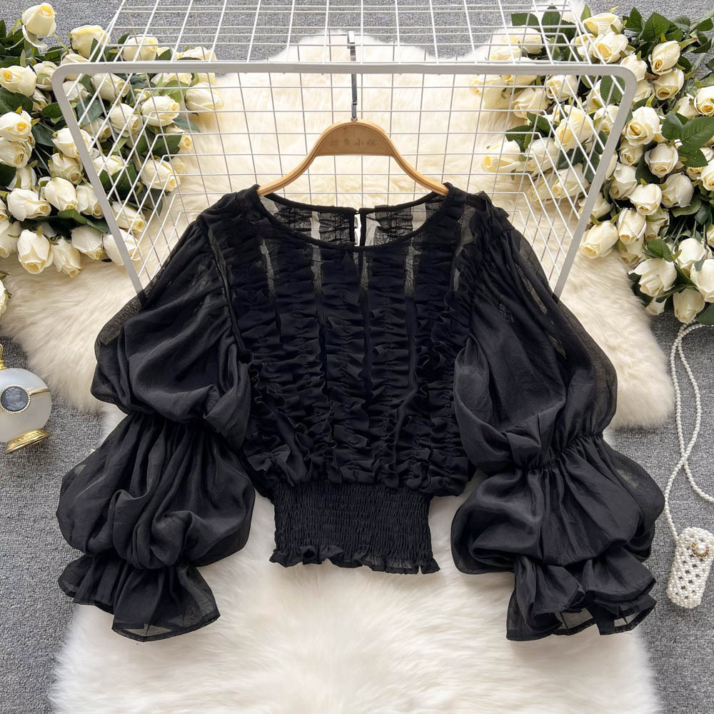 Wind fungus lace design shirt French niche lantern sleeve temperament slim fit short blouse