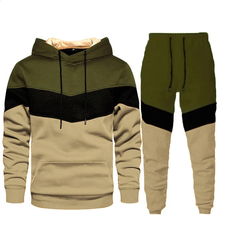 Autumn Winter Loose Casual Patchwork Hoodies Elastic Waist Sweatpants Set Male Fashion Pocket Pullover Hooded Top Pants Suit Men 240813