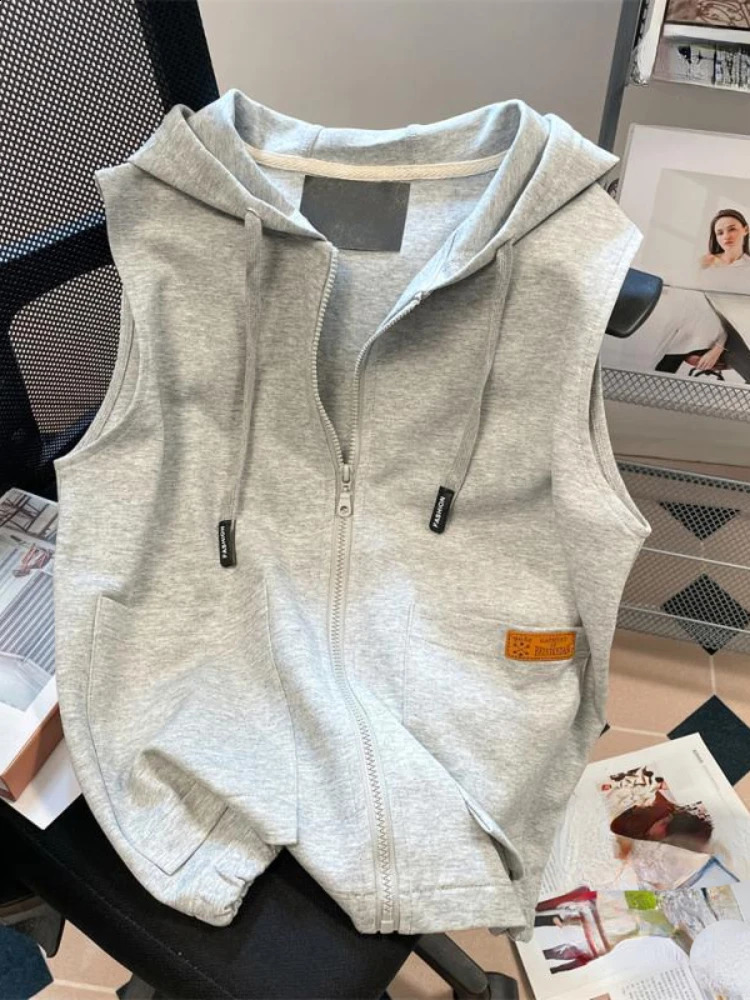 Preppy Style Hoodies Solid Color Pockets Zipper Sleeveless Vests Sweatshirts Simple Plus Size All Match Vintage Women Clothing 240812