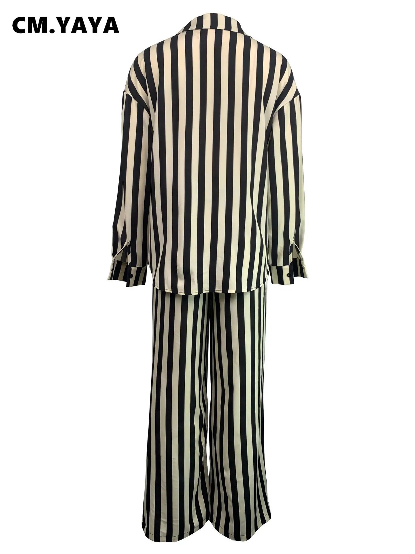 CM.YAYA Striped Womens Set Long Sleeve Pocket Shirt and Straight Wide Leg Pants Fashion Two 2 Piece Sets Outfit Tracksuit 240813