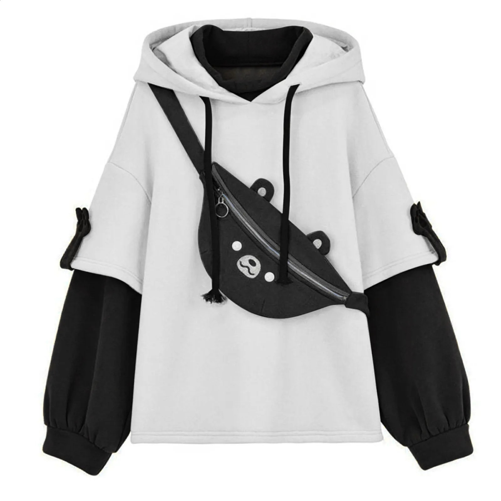 Kawaii Cute Oversize Hoodie With Bear Bag Womens Autumn Patchwork Sweatshirts Pullovers Japanese Streetwear Aesthetic Hoodies 240813
