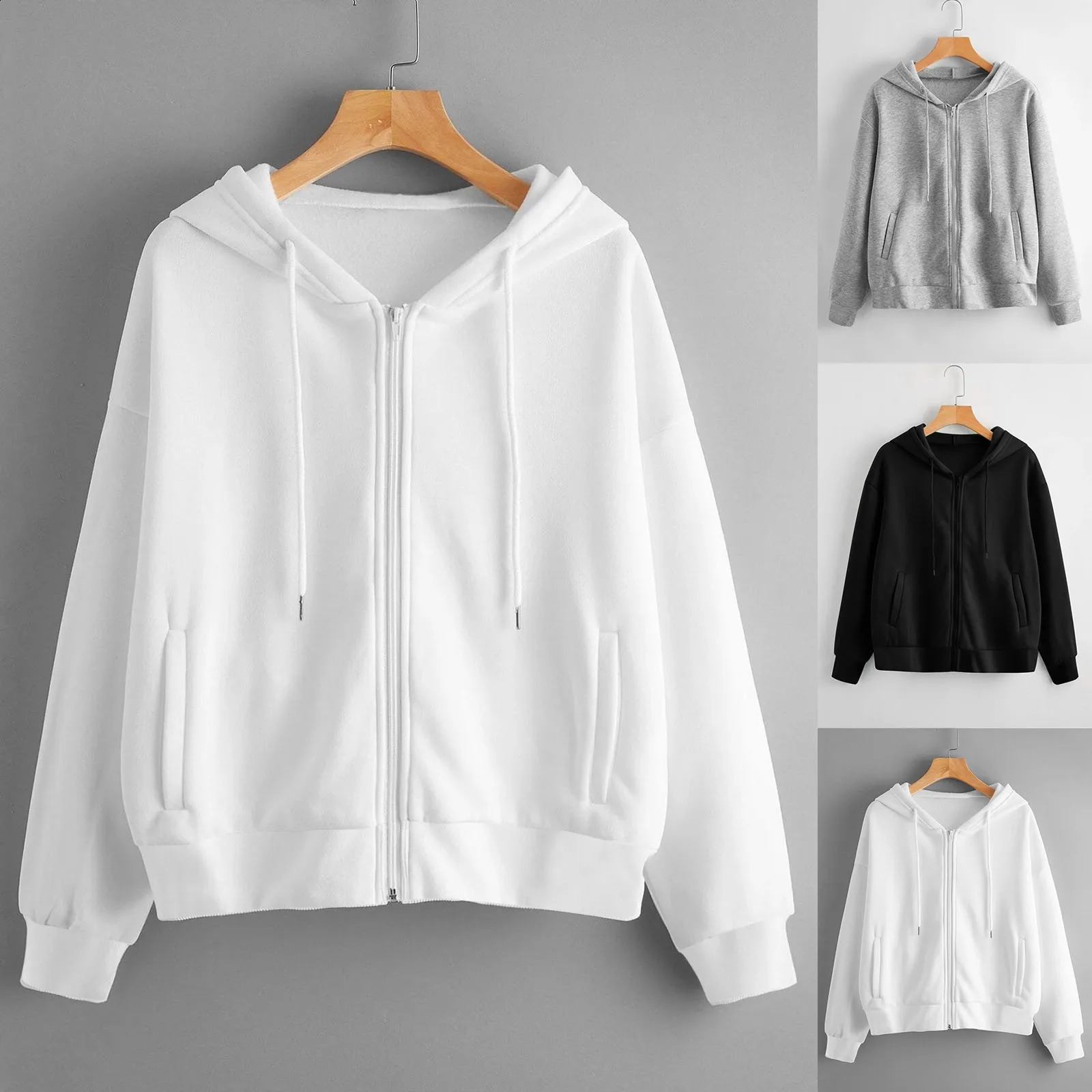 Women Sweatshirt Hoodies Spring Fashion Casual White Gray Black Zipper Hooded Sweatshirt Long Sleeve Coat Pullovers 240812