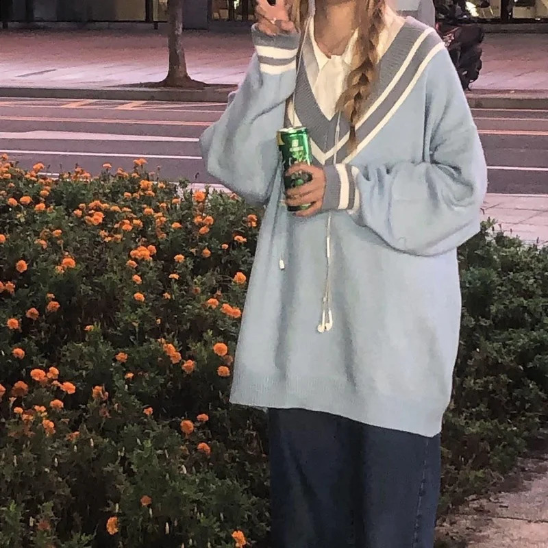 Deeptown Kawaii Cute Rabbit Blue Sweater Women Preppy Fashion Oversize Japanese Style Sweet School Girly Jumper Female Korean 240812
