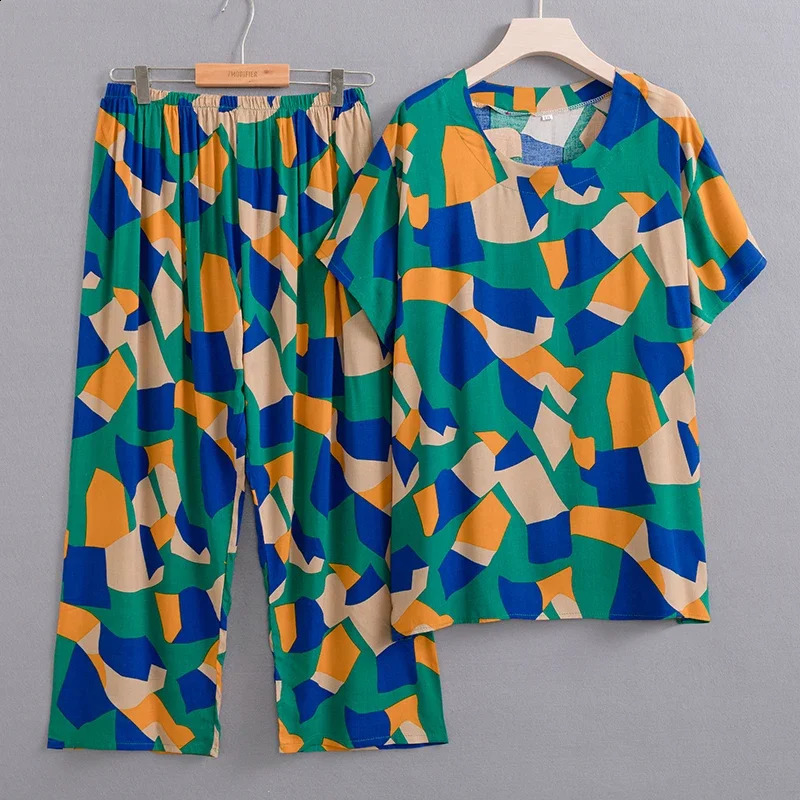 Summer Two Piece Set for Women Clothing Casual Print Oversize Trouser Sets Summer Middle Aged Womens Top and Pants 240813