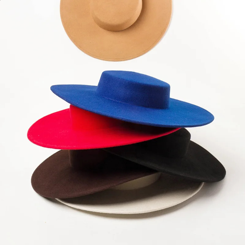 European fashion retro light flat top big brim woolen top hat catwalk stage performance modeling felt big brim hat 6 color 240812