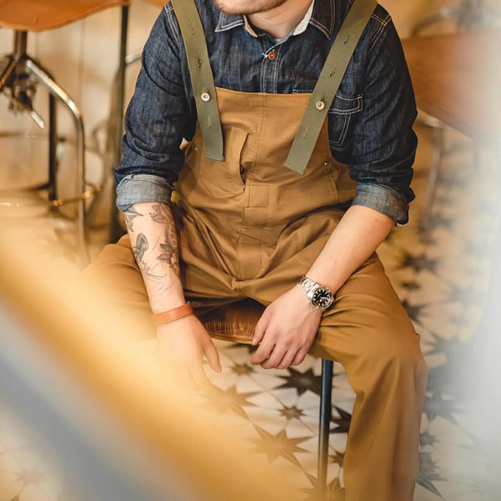 Mens denim bib cover workwear with adjustable shoulder straps stylish jumpsuit cargo pants pockets 240812