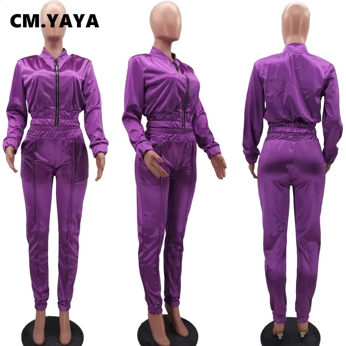 CM.YAYA Sport Bright Solid Womens Set Track Jacket and Pants Suit Active Sweatsuit Tracksuit Two Piece Set Fitness Outfits 240813