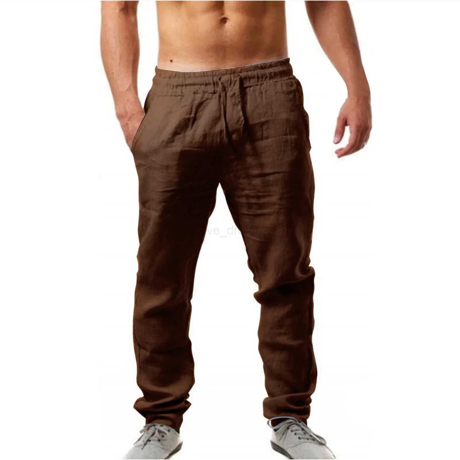Pants Men Cotton Linen Trousers Joggers Casual Solid Elastic Waist Straight Loose Sports Running Pants Plus Size Mens ClothingXJ240813