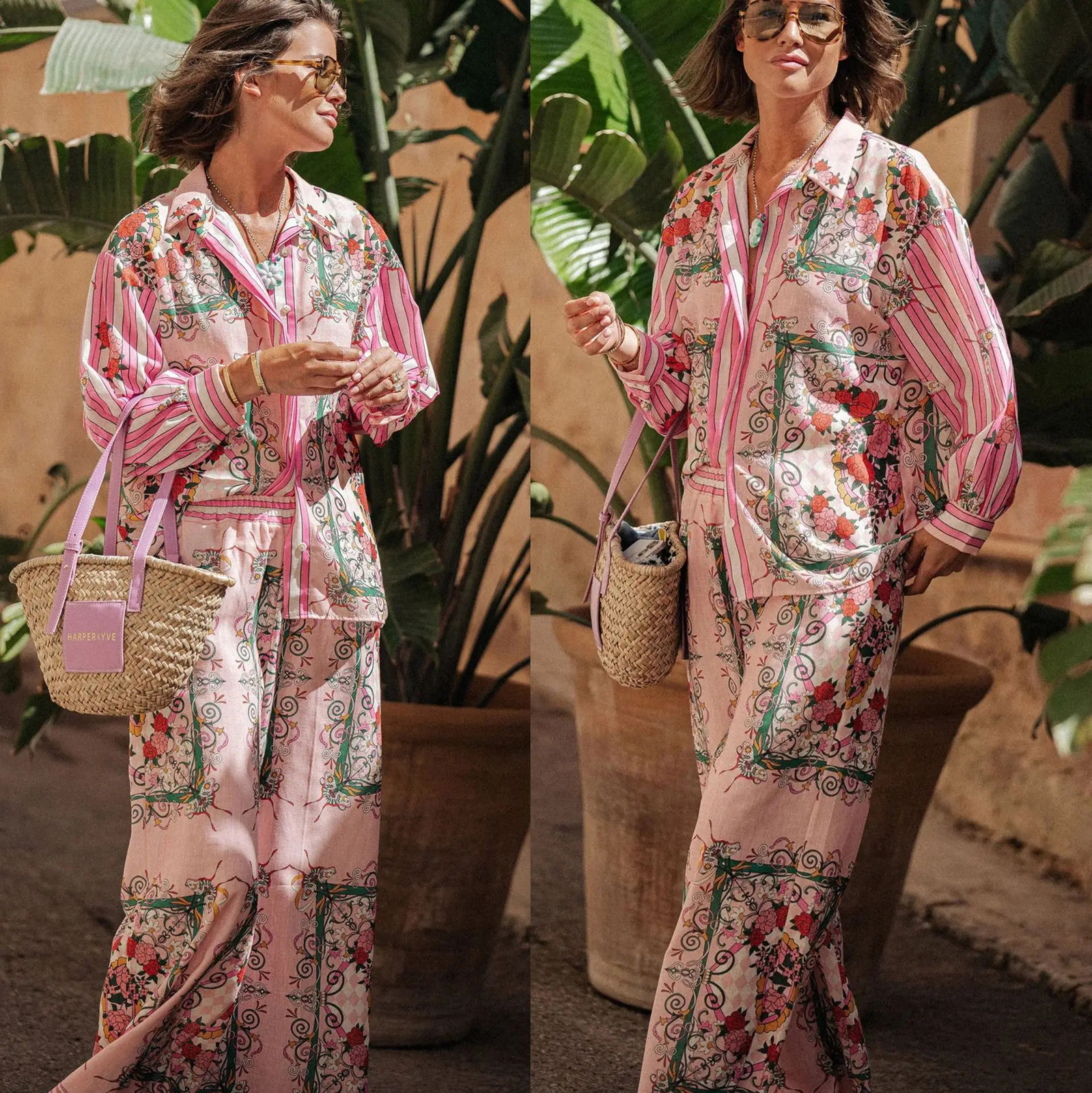 trend casual print womens long sleeved shirt set top and loose pants chic 2piece fashion 240809