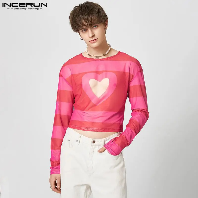 INCERUN Tops American Style Mens Hollowed-out Love Pattern Camiseta Fashion Casual Printed Long-sleeved T-shirts S-5XL 240812