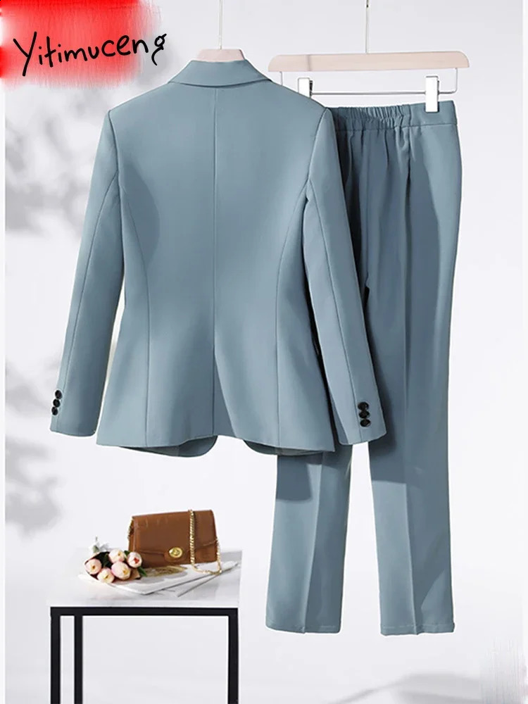 Yitimuceng Two Piece Sets Women Outifits Office Womens Single Button Down Collar Sweatshirt Solid Casual Pants Set 240812