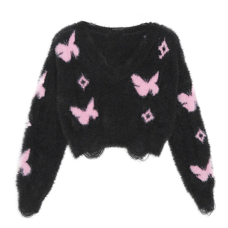 Autumn Winter Woman Baddie Style Harajuku Pullovers Crop Sweater Long Sleeve Knitwears Gothic Warm Dark Academia 2000s Y2k Chic 240812