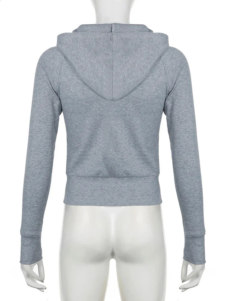 Y2k Aesthetic Vintage Zipper Hooded Hoodies Women Solid Color Long Sleeve Grunge Ribbed Sweatshirt Harajuku Casual Pullovers 240812