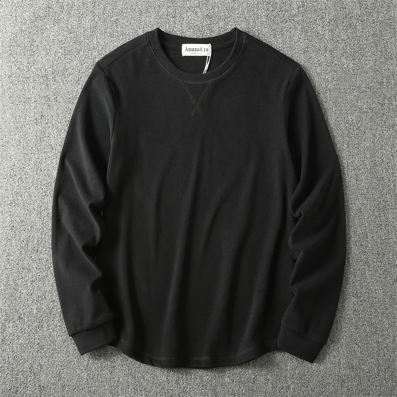 Autumn American Retro Mens O-neck Solid Color Wash Long Sleeve Cotton T-shirt Loose Casual Fashion Undercoating 240812
