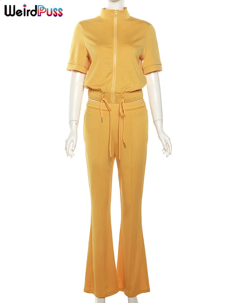 Weird Puss Women Tracksuit Two Piece Set Casual Zip Solid Short Sleeve Waistband TopsFlare Pants Matching Streetwear Outfits 240813
