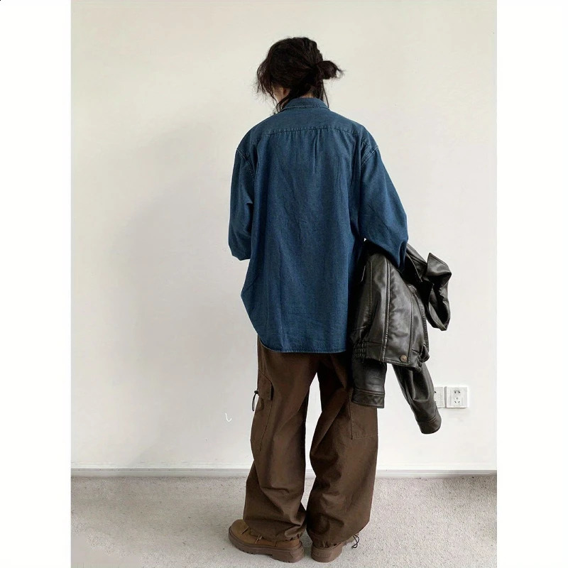 2024 Spring Casual Men Set Retro Simplicity Pocket Denim Shirtbig Pocket Street Hip-hop Cargo Pants 2-pcs Japanese Fashion Suit 240813
