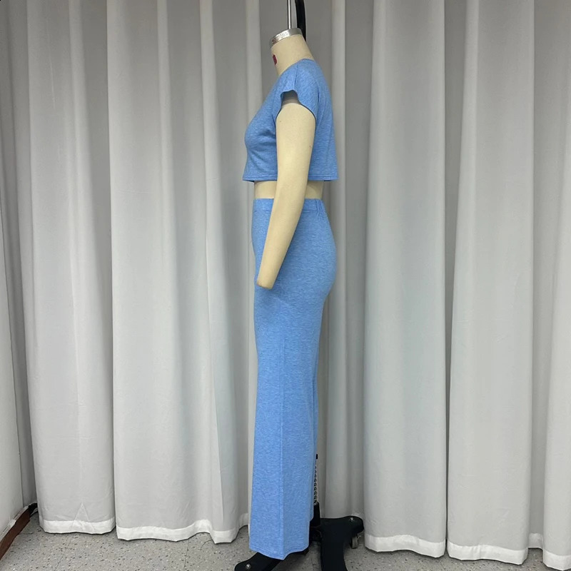 Wefads Women Two Piece Set Summer Fashion Round Neck Solid Short Sleeve Bare Waist Top Loose Pants With Pocket High Streetwear 240813