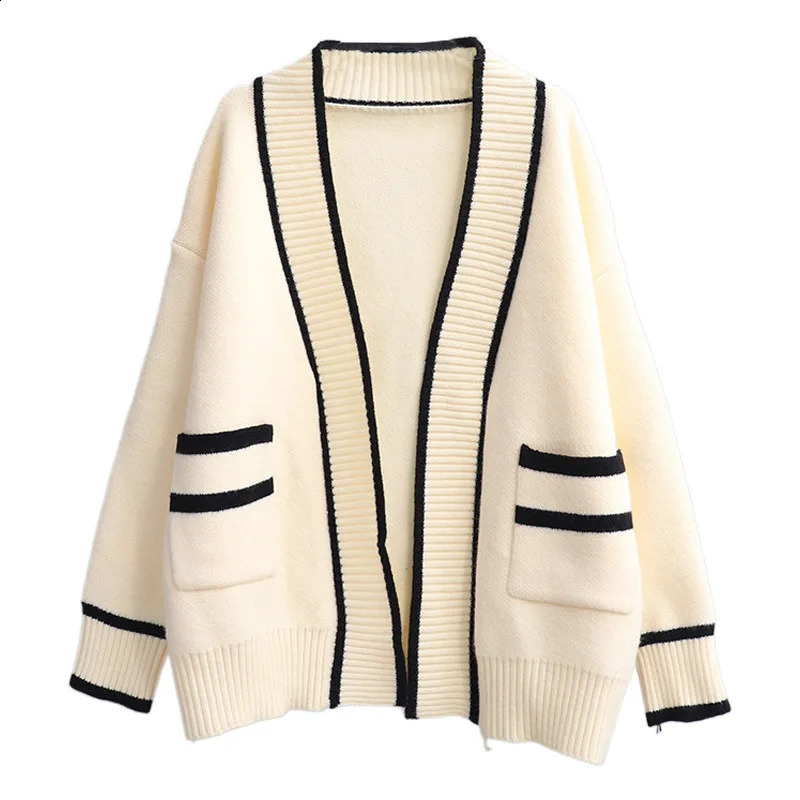 Varsity Cardigan Long Sleeve V-Neck Open-Front Sweaters Knit Jacket for Women Preppy Style 240812