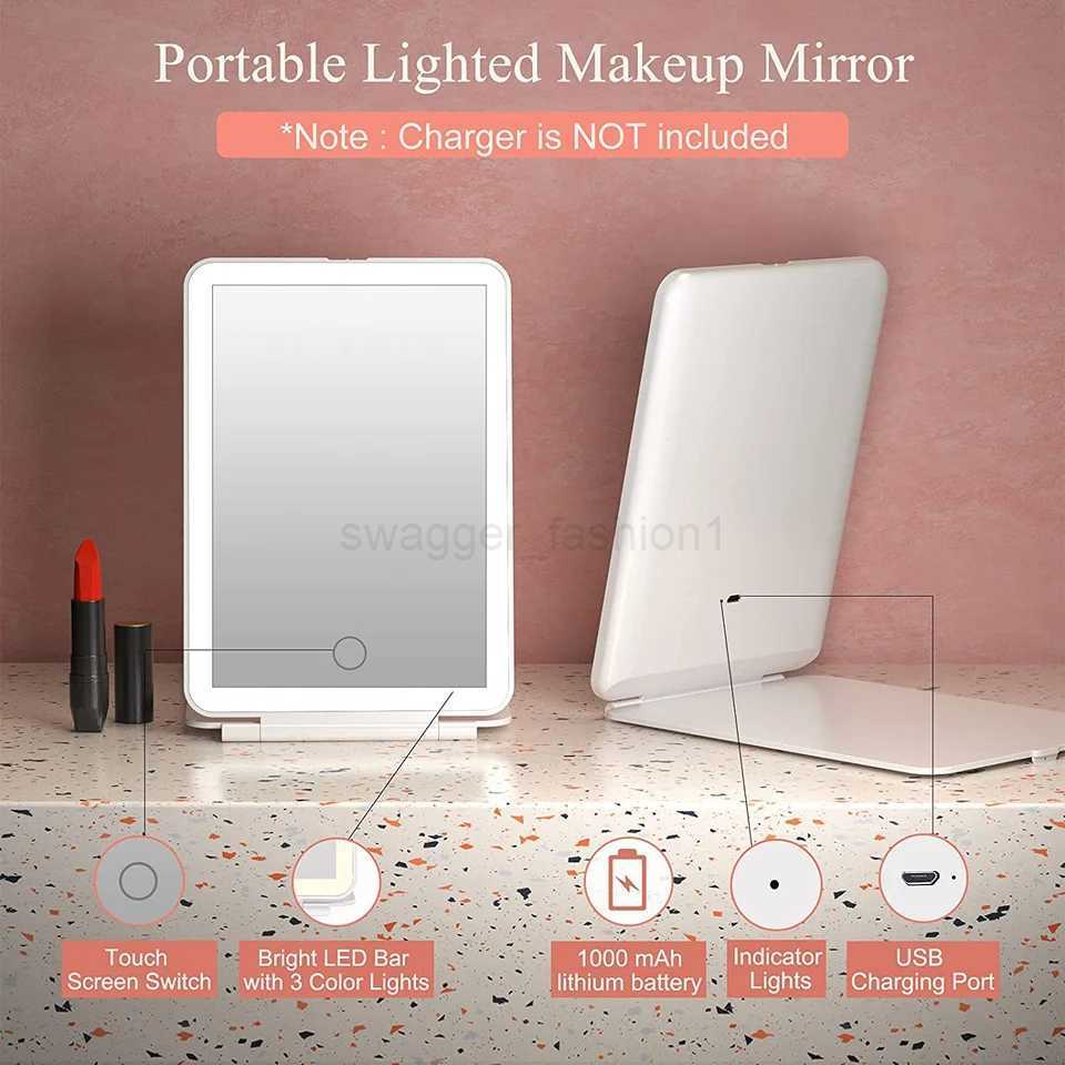 LED Travel Makeup Mirror 3 Colors Light USB Rechargeable Touch Screen Cute Portable Tabletop Cosmetic Mirror Ins PINK BeautifulXJ240813