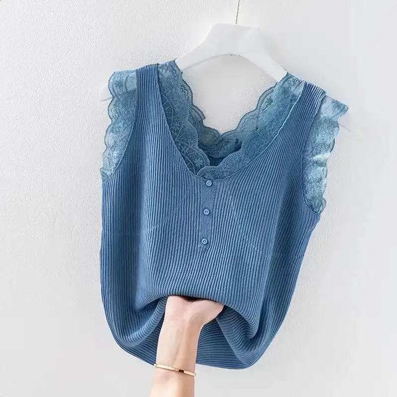 Ice Camisole Womens Summer Oversized Tank Top Fashionable Splicing Lace T-shirt Bottoming Knitwear Womens Top 240813