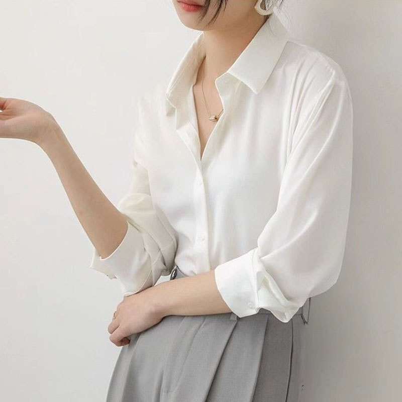 French white for women 2024 spring and autumn new wrinkle resistant satin shirt temperament long sleeved chiffon interior