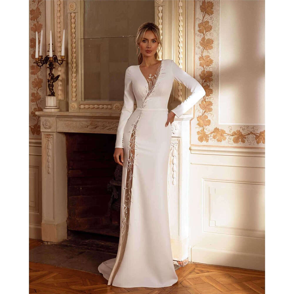 Simple Style Sheath Gown Wedding Dresses Satin Bridal Gowns V-Neck Flowers Pattern Big Vestidos De Novia Custom Size Colour