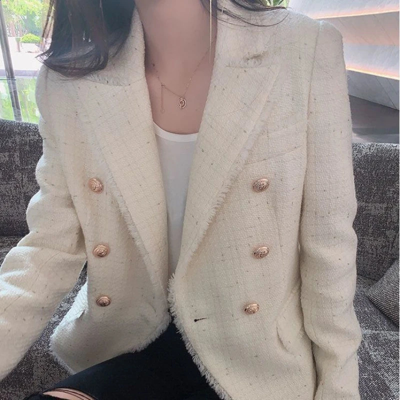 Classic Cropped Blazers for Women Jacket Spring Autumn Korean Fashion Double Breasted Tweed Suit Coats Slim Fit Vintage Top 240812