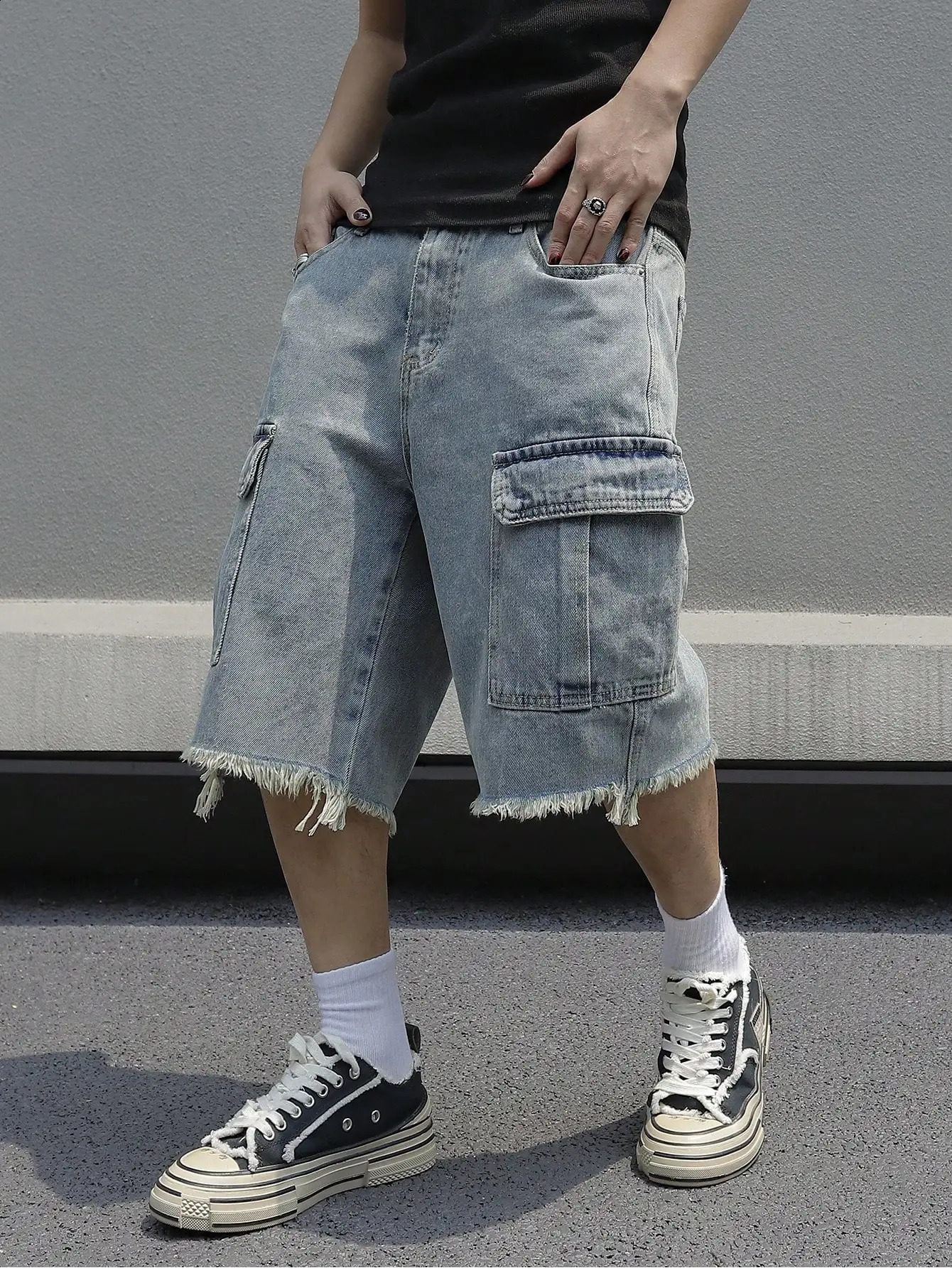 South Korean fashion mens wide leg denim shorts summer style loose casual elastic waist large pocket cargo jeans 240812