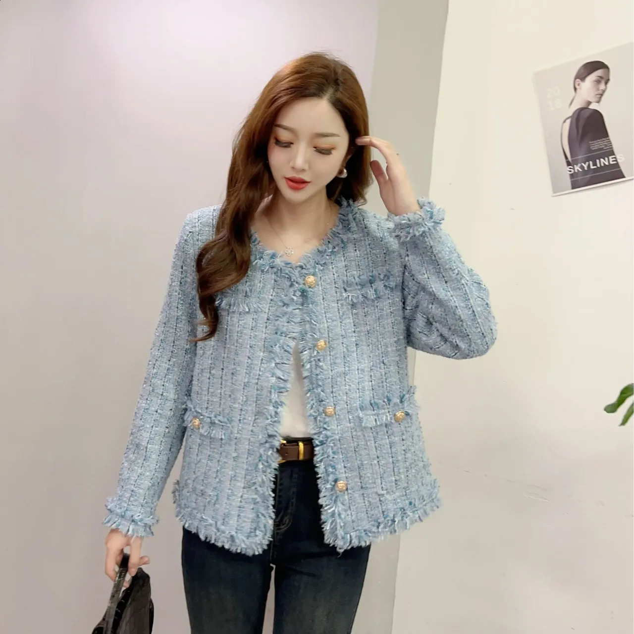 Women Elegant Long Sleeve Open Front Round Neck Fringed Plaid Tweed Jacket Korean Style Fashion Streetwear Mori Girl Coat 240812