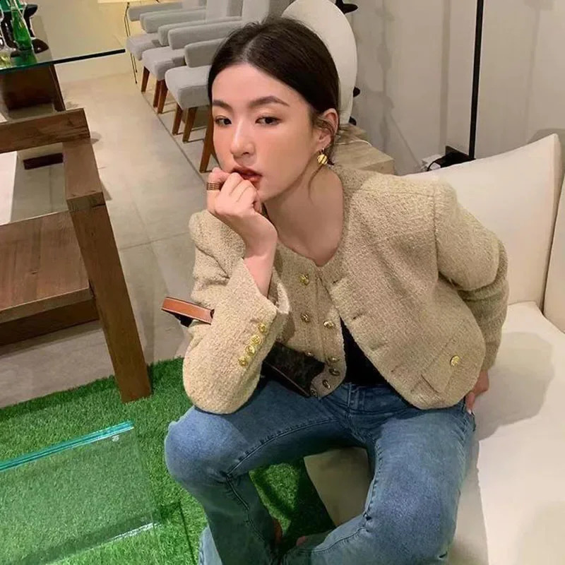 Vintage Womens Tweed Jackets Elegant Chic Double-Breasted with Pocket Jacket Ladies Korean Fashion O-Neck Outwear Short Coat 240812