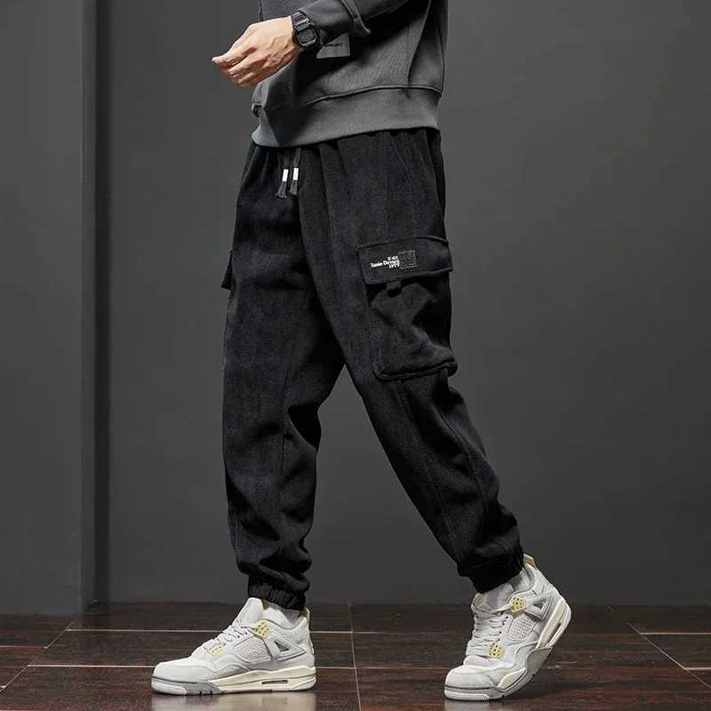 Mens Corduroy Harem Cargo Pants Elastic Waist Casual Joggers Sweatpants Spring Autumn Armygreen Gray Black Trousers StreetwearXJ240813