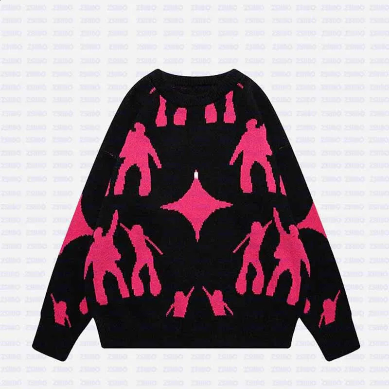 Womens Knitting Gothic Anime Print Pattern O Neck Pullover Sweater Streetwear Girls Oversized Harajuku Knitwear Mens Y2k 240809