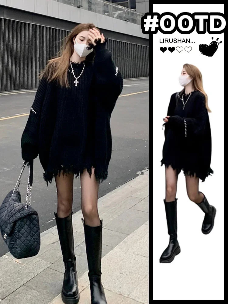 Womens Black Gothic Pullover Knitted Torn Sweater Harajuku 90s Aesthetic Y2k Long Sleeves Sweaters Jumper Vintage 2000s Clothes 240812