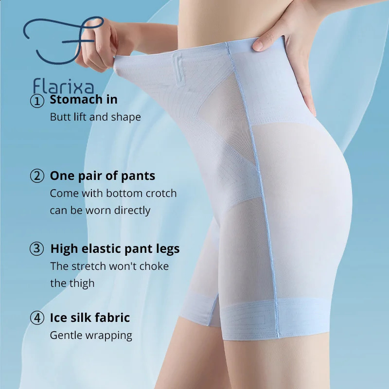 Flarixa ultrathin ice silk safety shorts for women high waisted underwear seamless weight loss abdominal pants body shape 240812