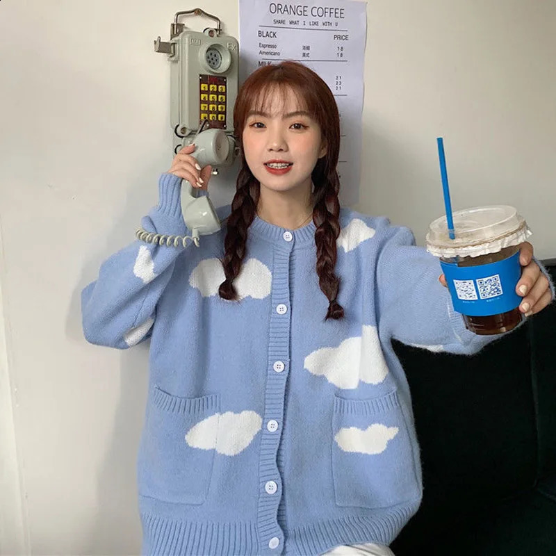 Sweet Clouds Sweater Coat Women Preppy Style Button Long Sleeve Knitted Cardigans Woman Autumn Winter O-Neck Loose Cardigan 240812