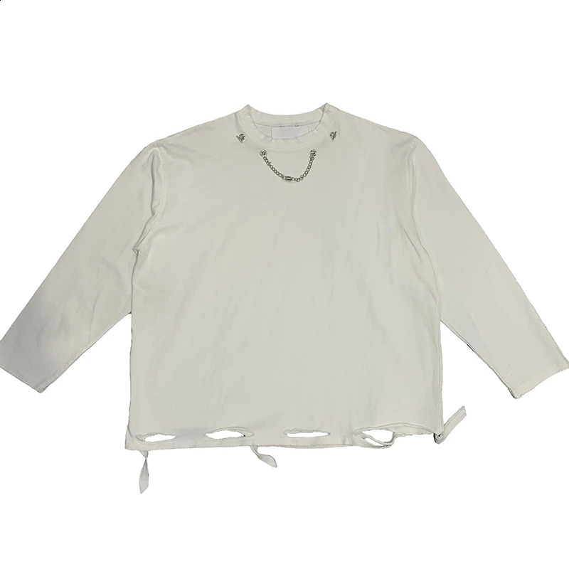Mens Ripped T Shirt Top Tee Fashion Spring Hollow Holes Long Sleeve T-Shirt Personalized Chain Decoration Loose Shirts 240812