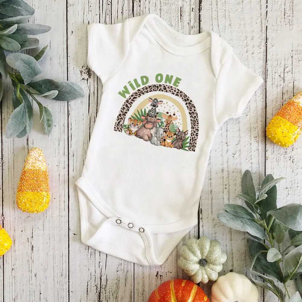 Wild One Birthday Baby Bodusuit Safari Animals Printed Romper Babys First Birthday Jungle Party Set Baby Shower Gift W240812