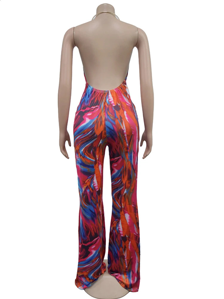 Beyprern Tropical Halter Neck O-Rings Metal Jumpsuits One Piece Outfits Beautiful Backless Printed Wide Leg Rompers Overalls 240813