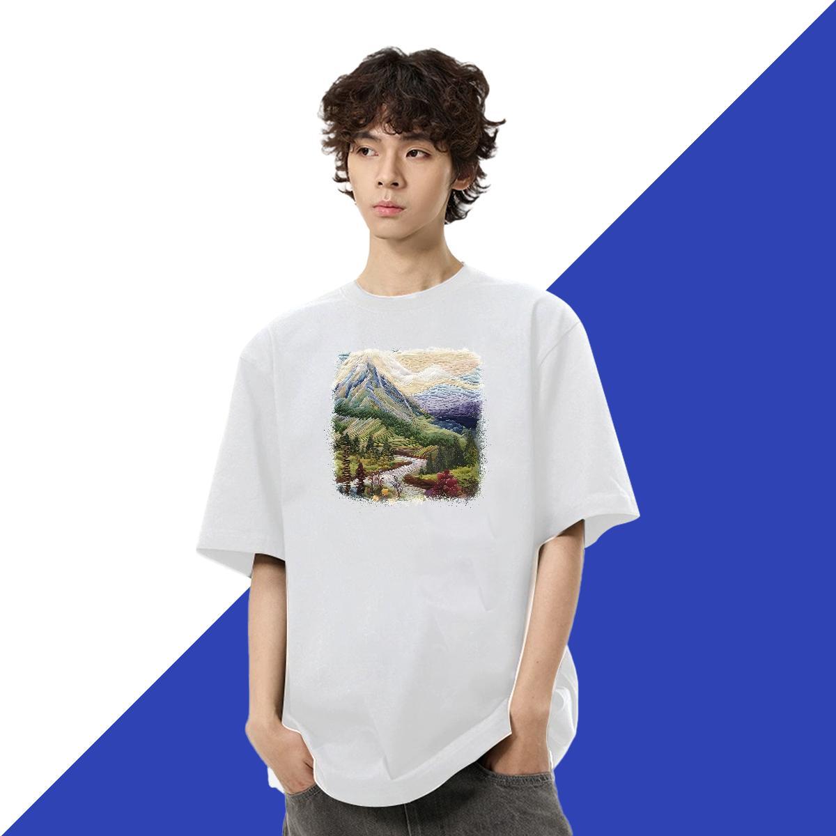 Loose Tshirts Beach 100% Cotton 230g Asian Size Short Sleeve O-Neck Mountain T-Shirts Wholesale Tops
