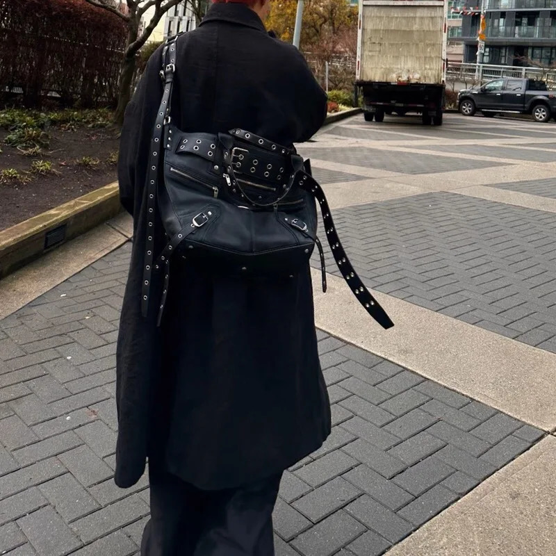 JIAERDI High Street Vintage Handbag Women Rivet Large Capacity Casual Crossbody Bags Ladies Moto Biker Black Messenger Bag 240813