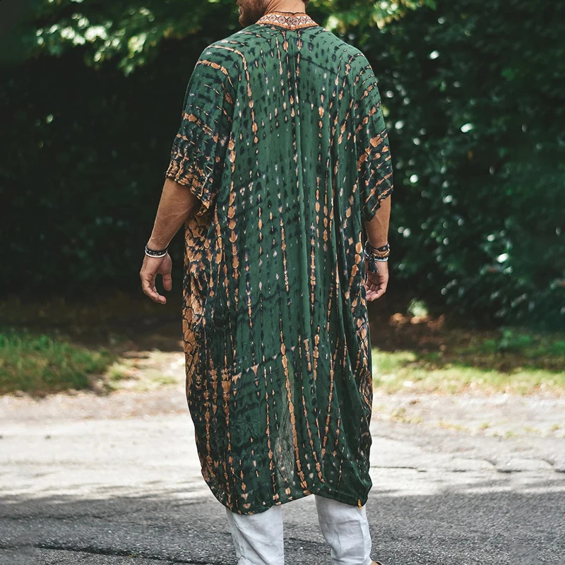 Holiday Beach Long Shawl Streetwear Casual Pattern Print Half Sleeve Beach Cloak Top Men Clothing Summer Outside Outwear 240813