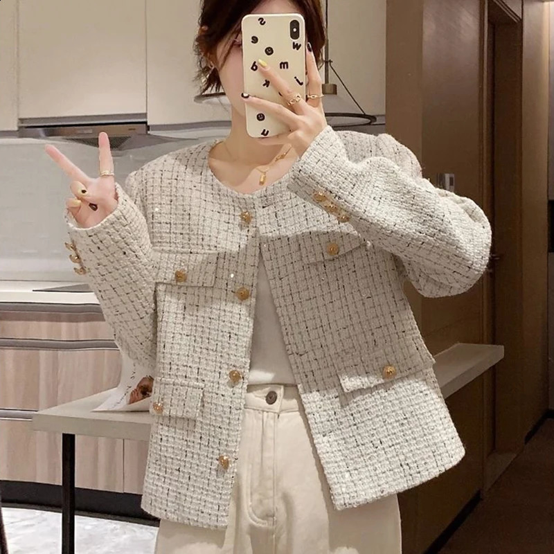 Hdspq Chic Striped Tweed Jackets Women Autumn Woman O Neck Long Sleeve Coats Woman with Pocket Korean Style Jacket Outwear 240812