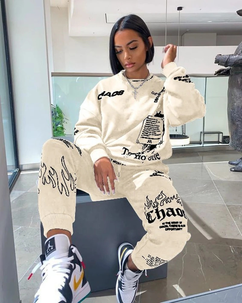 Women Outfit Letter Print Loose 2 Two Piece Set Streetwear Tracksuit Sweatshirt Joggers Pants Matching Ensemble Femme 2 pieces 240813