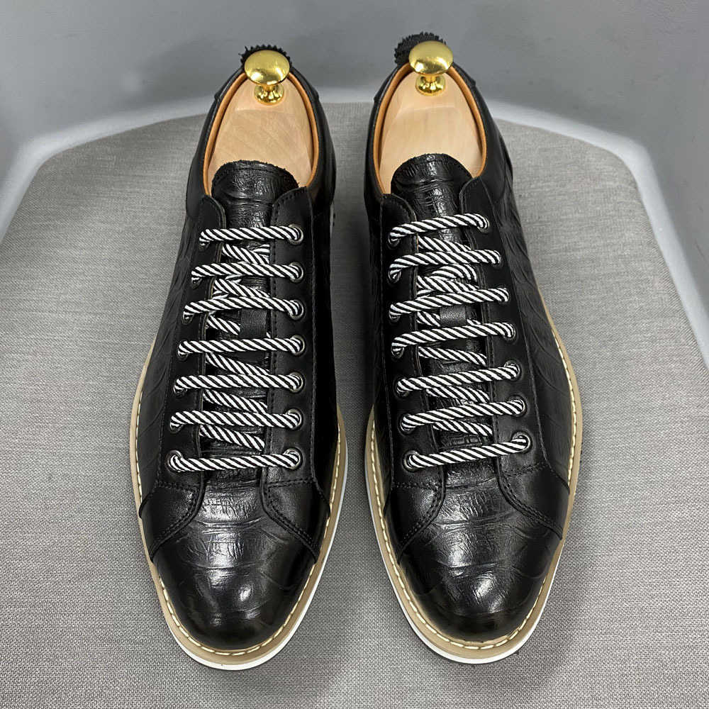 CMM Casual Leather Shoes Mens Shoes Leather Thick Soled Daily Single Shoes Fashionable Crocodile Pattern Embossed Handmade Shoes Shoes Men