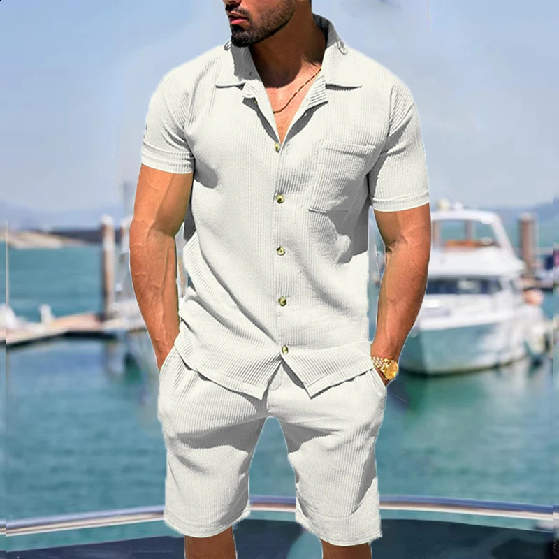 Mens Lapel Casual Cardigan Shorts 2 Pieses Sets Summer Fashion Solid Color Vertical Striped ShortSleeved 240812
