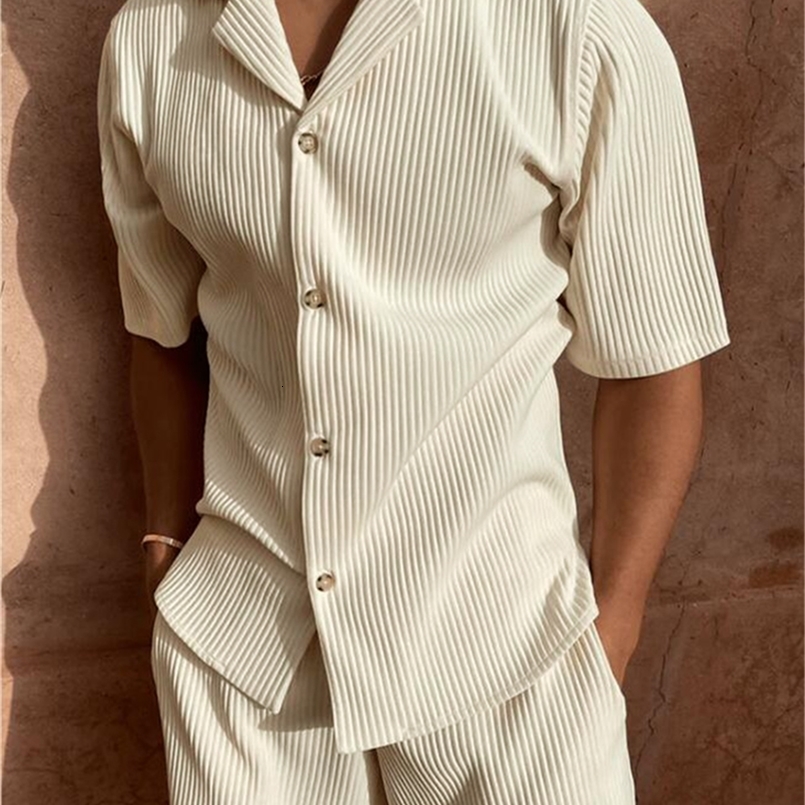 Spring/Summer suit Solid color corduroy shorts sleeve shirt and shorts stretch beach casual suit 240812cj