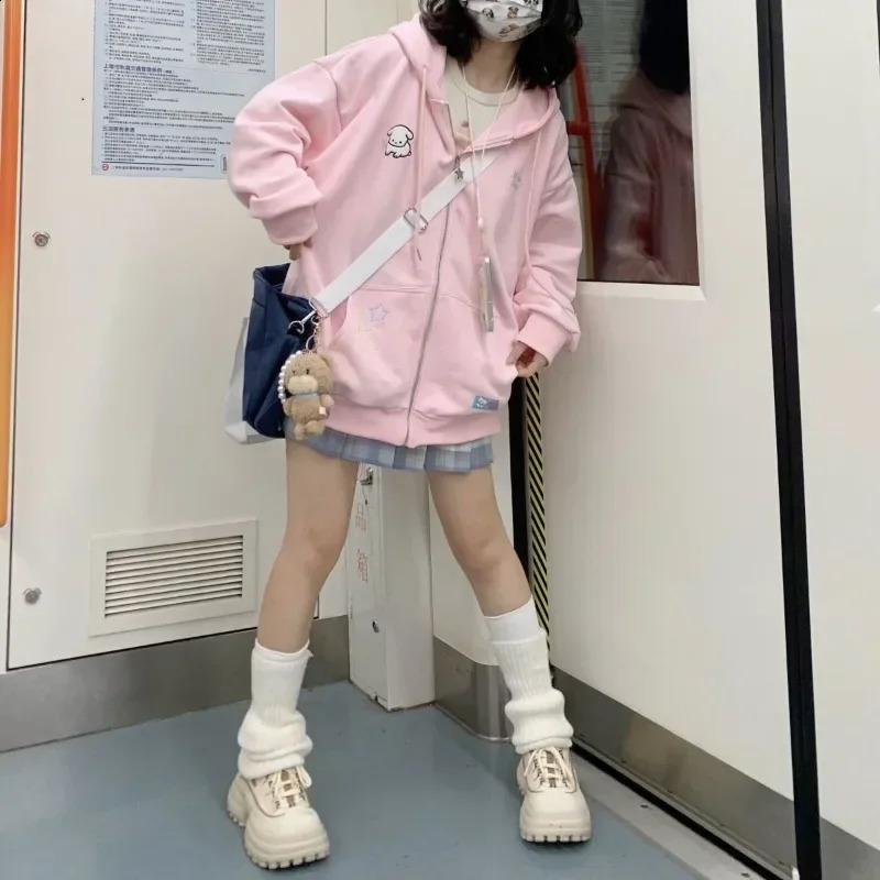 Kawaii Zip Up Womens Hoodie Pink Harajuku Cutecore Hooded Oversized Sweatshirts Korean Fleece Long Sleeve Girly Tops 240812
