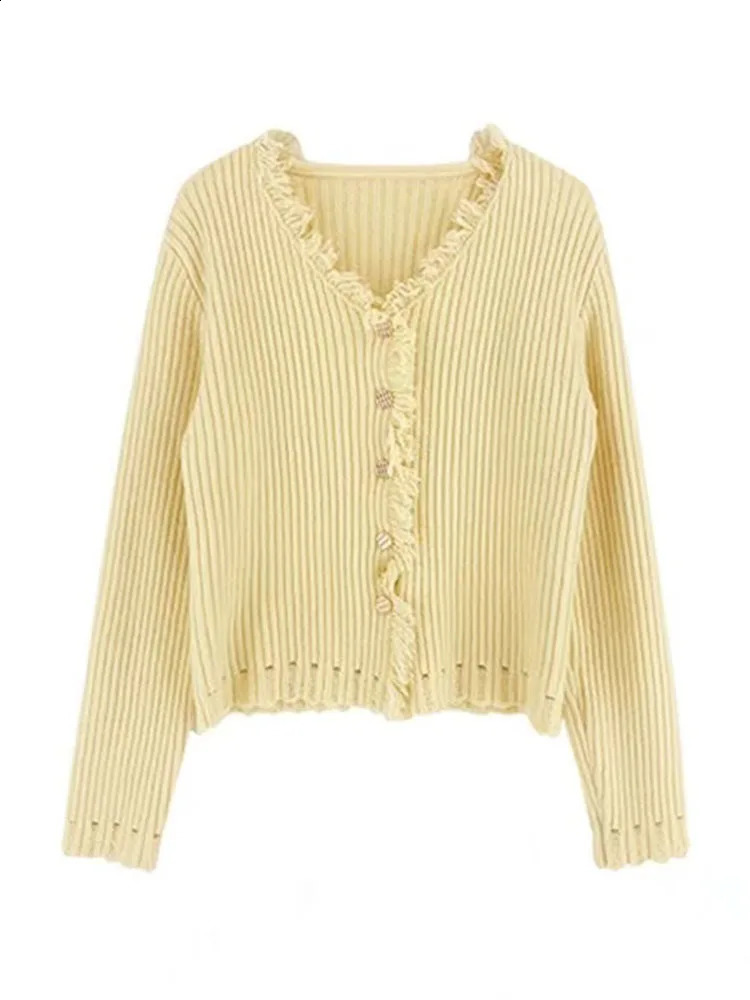 Zoki Tassel Yellow Sweet Cardigan Sweaters Women Casual Vintage Preppy Style Knitted Coat Korean Elegant Long Sleeve Fashion Top 240812